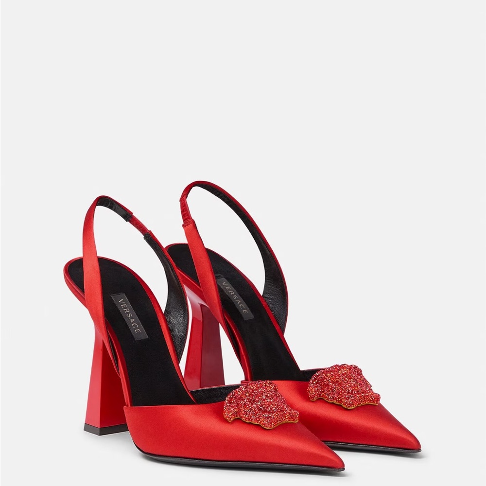 VERSACE RED CRYSTAL LA MEDUSA SATIN SLING-BACK PUMPS